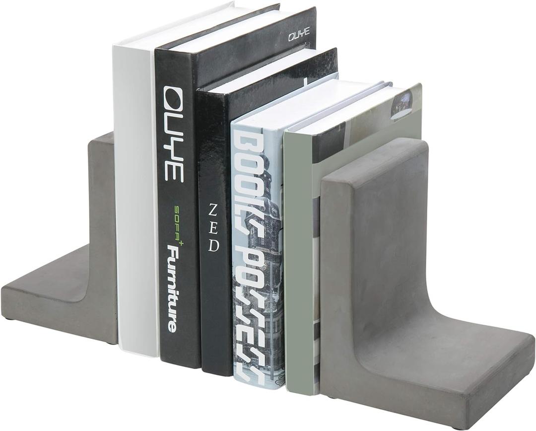 MyGift Solid Cement Bookends for Shelf in Gray Finish L-Shaped Decorative Heavy Duty Non-Skid Book Stopper for Home Office School, 1 Pair