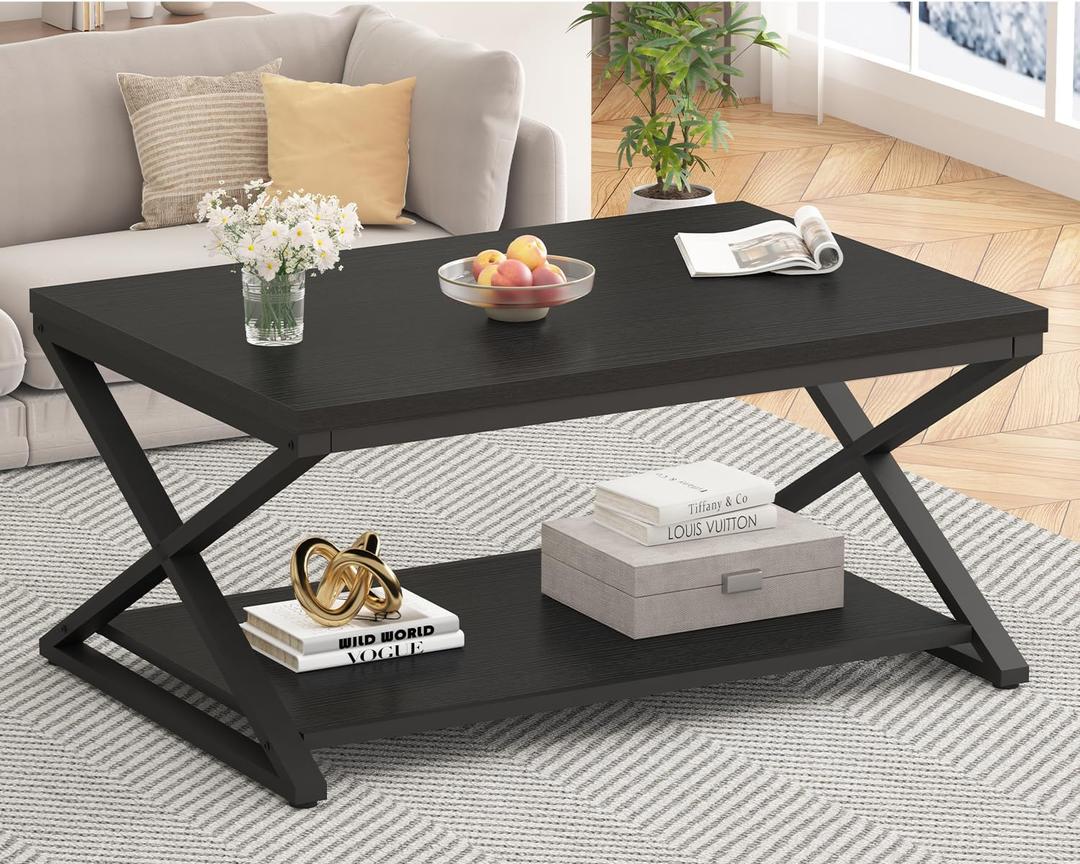HSH Black Modern Minimalist Metal Wood Living Room Table with Storage Shelf, 39 Inch 2 Tier Rectangle Center Coffee Table
