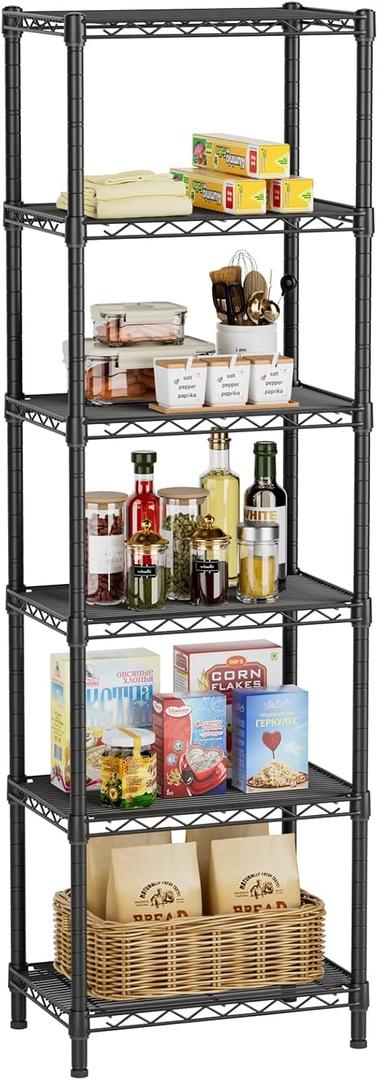 6 Tier Adjustable Storage Shelves Narrow Mesh Gaps Metal Utility Shelf Wire Shelving Unit Organizer Rack for Home Kitchen Office Bathroom Pantry Room10 D x 16" W x 60" H Black
