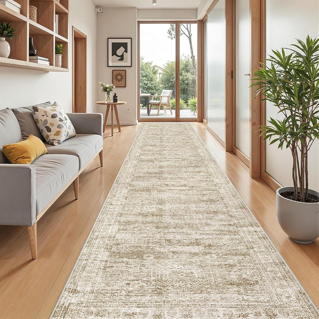2'6 x 16' Runner Rug Non Slip,Washable Kitchen Rugs,Brown | 16ft Runner Rug for Hallway,Entryway,Bedroom,Living Room,Thin,Soft, Extra Long Rug,Stain Resistant Indoor Carpet
