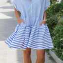 Chouyatou Women Summer Beach Short Sleeve Striped Shirt Dress Button Down Tiered Mini Tunic Babydoll Dress (Blue, XL)