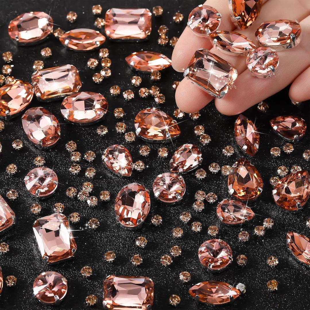 WILLBOND 156 Pcs Sew on Rhinestones Claw Flatback Crystal Rhinestones Metal Prong Setting Gems Acrylic Glass Sewing Gems for Clothes DIY Craft Shoes Dress Jewelry Making(Champagne)