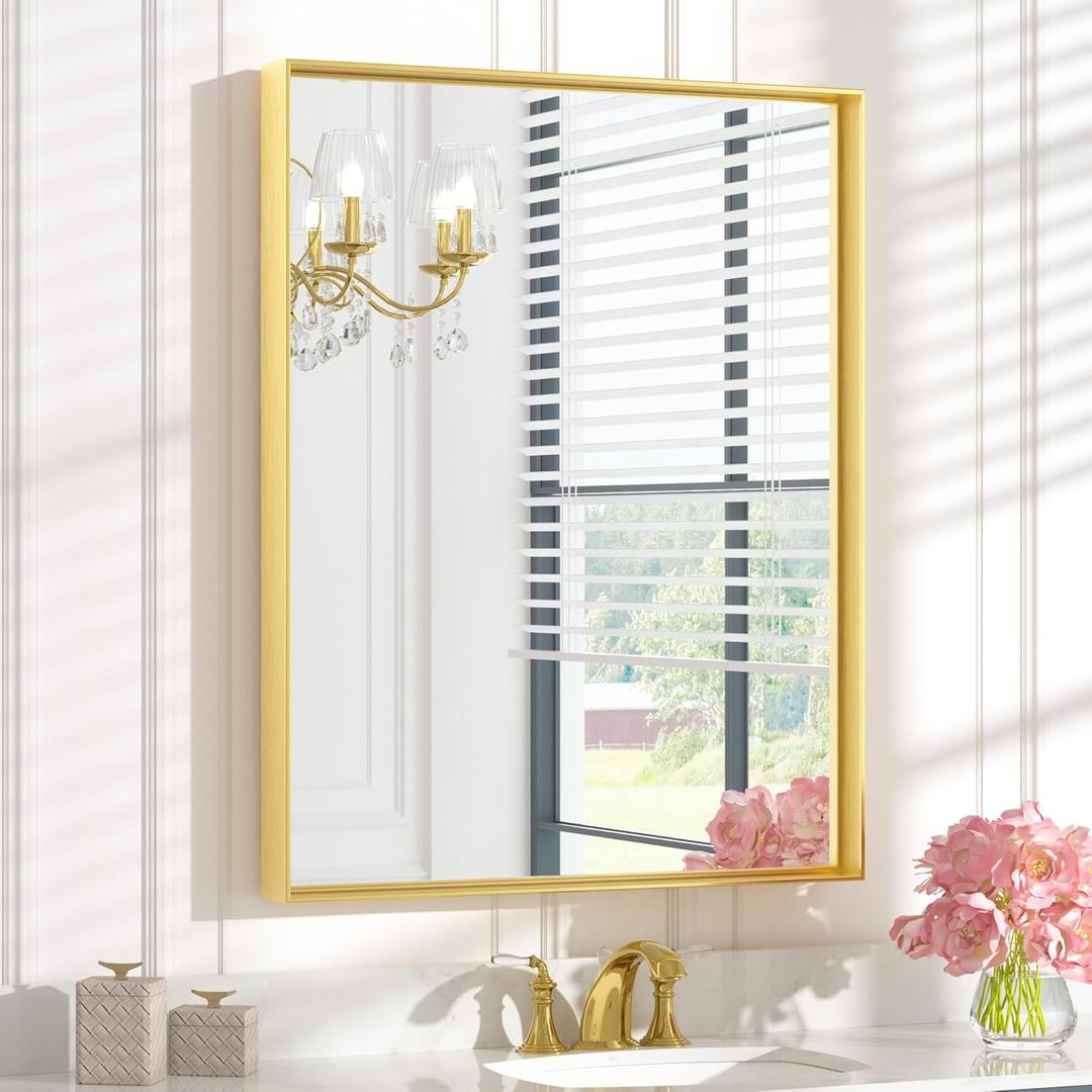 Keonjinn Gold Bathroom Vanity Mirror 28 x 36 Rectangular Wall Mirror Brushed Metal Frame Rectangle Bathroom Mirror for Over Sink Modern Farmhouse Square Corner Framed Mirror(Horizontal/Vertical)