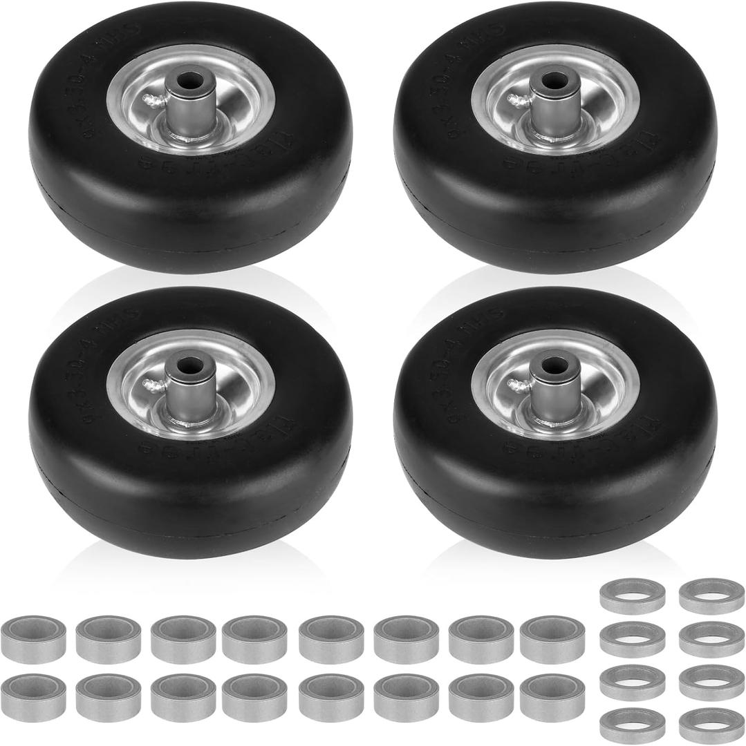 9x3.50-4" Flat Free Lawn Mower Tire and Wheel Smooth Tire with Rim for Commercial and Residential Walk-Behind Lawnmowers, Hand Trucks, Garden Carts and Trailers | 4" Centered Hub | Bore ID 3/4" 4PCS