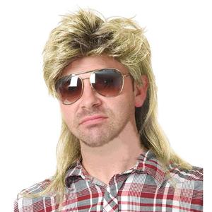 Swiking Mens Mullet Wig Blonde and Dark Foot Retro 70s 80s Disco Rocker Curly Punk Fancy Party Halloween Cosplay Costume Full Wigs (Black and Blonde)