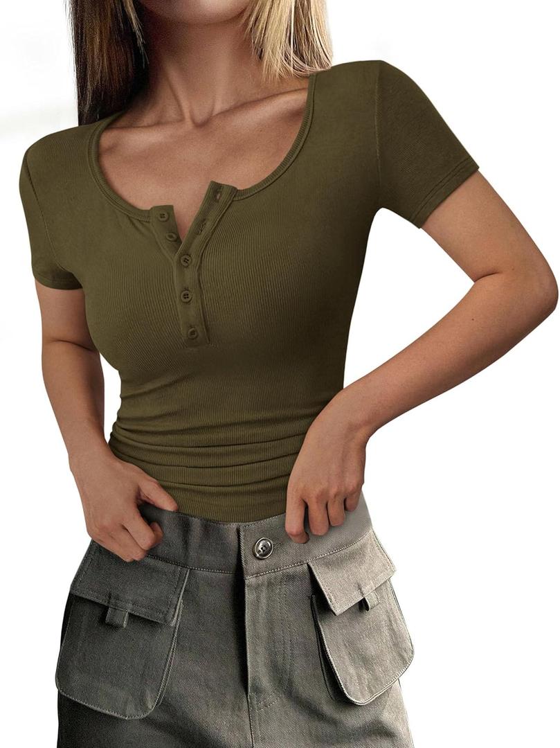 PRETTYGARDEN Womens 2026 Summer Short Sleeve Tops Ribbed Henley Button Slim Fit Basic Casual T Shirts Blouse Fashion Clothing (Large, Army Green)