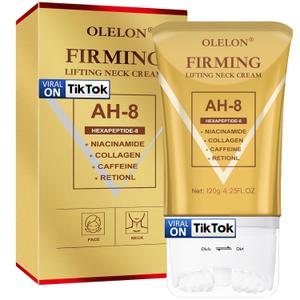 OLELON [2026 Upgrade AH8 Firming Neck Cream with Roller - Tightening & Lifting Cream for Sagging Skin, 8-HA Clockwise Neck Cream for Face & Body Skin Tightening Cream with Massage Roller (Gold)