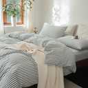 FOSSA Striped Duvet Cover Set 100% Washed Cotton Linen Feel Super Soft Breathable Cozy 3 Pieces Bedding Sets Heathered Green Classic Stripes Queen