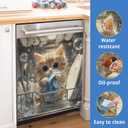 Cat Cleaning Dishes Dishwasher Magnets Cover for Kitchen Decor, Refrigerator Magnet Panel,Washable Reusable Appliance Front Cover for Housewarming Gifts,23 x 26 Inch