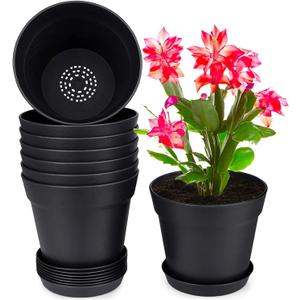 homenote Pots for Plants, 8 Pcs 7.5 Inch Plastic Planters with Multiple Drainage Holes and Tray - Plant Pots for All Home Garden Flowers Succulents, Matte Black