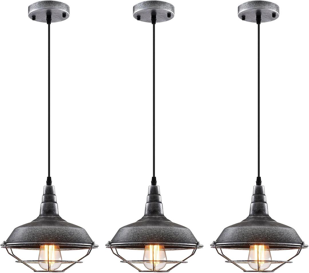 Black and Silver Pendant Light fixtures 10.5 inches 3 Packs, Matte Pendant Lights Kitchen Island, Industrial Pendant Light, Vintage Farmhouse Pendant Lights for Dinning Room Entryway Barn