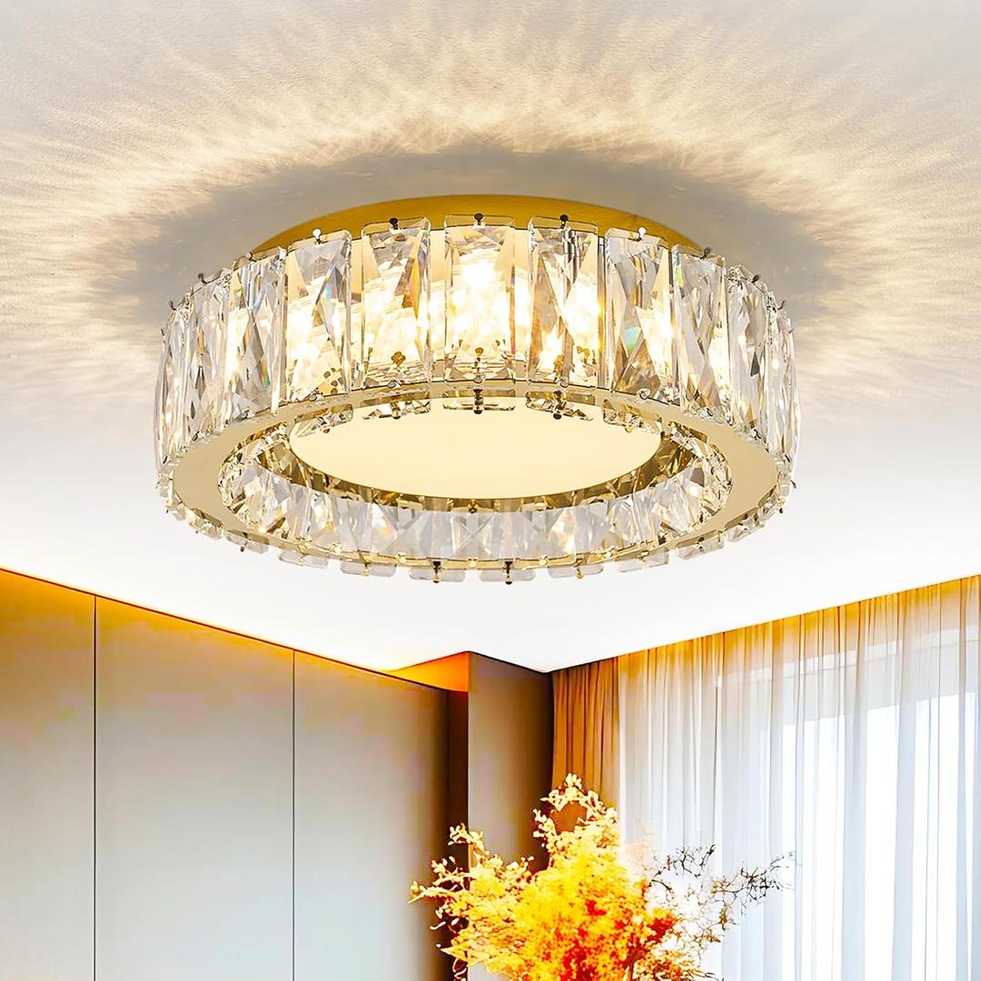 Crystal Dimmable Flush Mount Ceiling Light, Glod Modern LED Close to Ceiling Light Fixture with 5CCT 2700K-6000K, Round Kitchen Lighting for Bedroom, Laundry Room, Hallway, Bathroom (11in 24W)