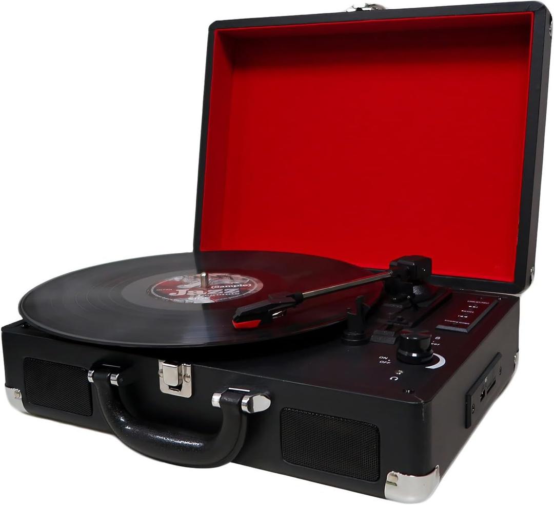 Portable Suitcase Record Player with Built-in Battery, 3-Speed Bluetooth Turntable with Speakers, Vintage Red & Black Design