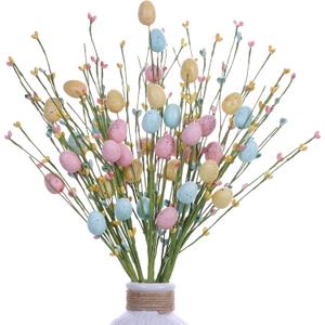 Easter Picks,6 Pack Easter Egg Picks Artificial Easter Berry Stems Easter Picks and Sprays Rustic Easter Decorations for Easter Home Decor and Flower Arrangement(Pink/Yellow/Cyan)