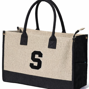 ESVAN Personalized Gifts Canvas Tote Linen Bags Handbags Top Zipper Closure Initial Retro Utility Tote, S
