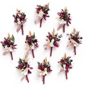 Ling's Moment Boutonniere for Men, 10pcs Groomsmen Guest Boutonniere, Artificial Flowers for Wedding Dcor/Prom/Homecoming,etc.Marsala Black Berry (Red-marsala & Black Berry)