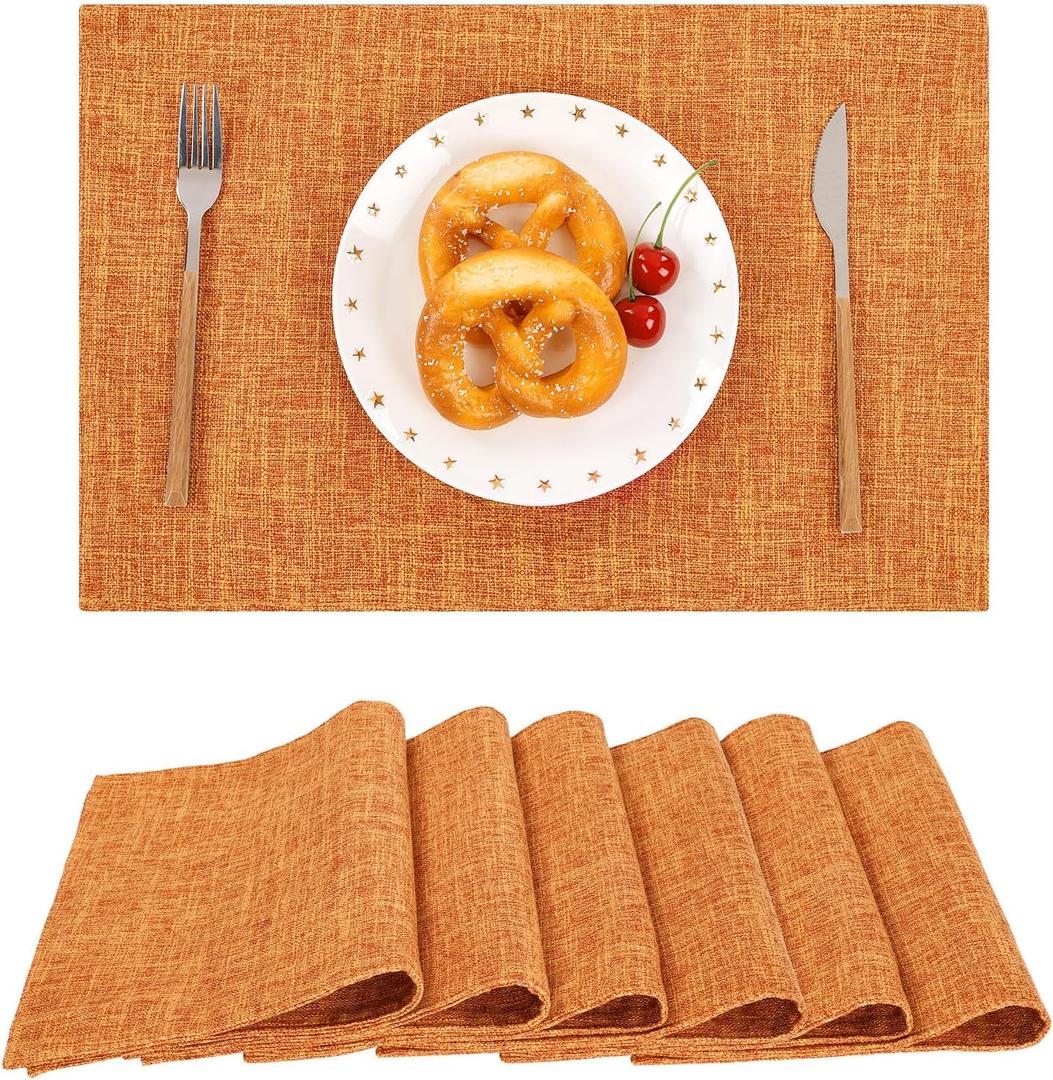 SHACOS Fabric Placemats Set of 6 Washable Heat Resistant Place Mats Non Slip Thick Cloth Placemats Reversible Table Mats Indoor Outdoor Home Wedding Table Decor, Orange