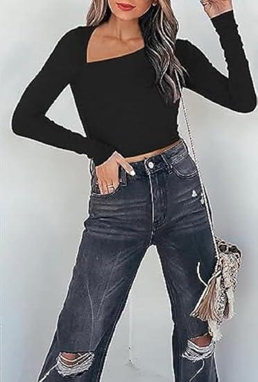 Women Asymmetrical Neck Long Sleeve Top Ruched Trim Tee Slim Fit Going Out Tops (L)