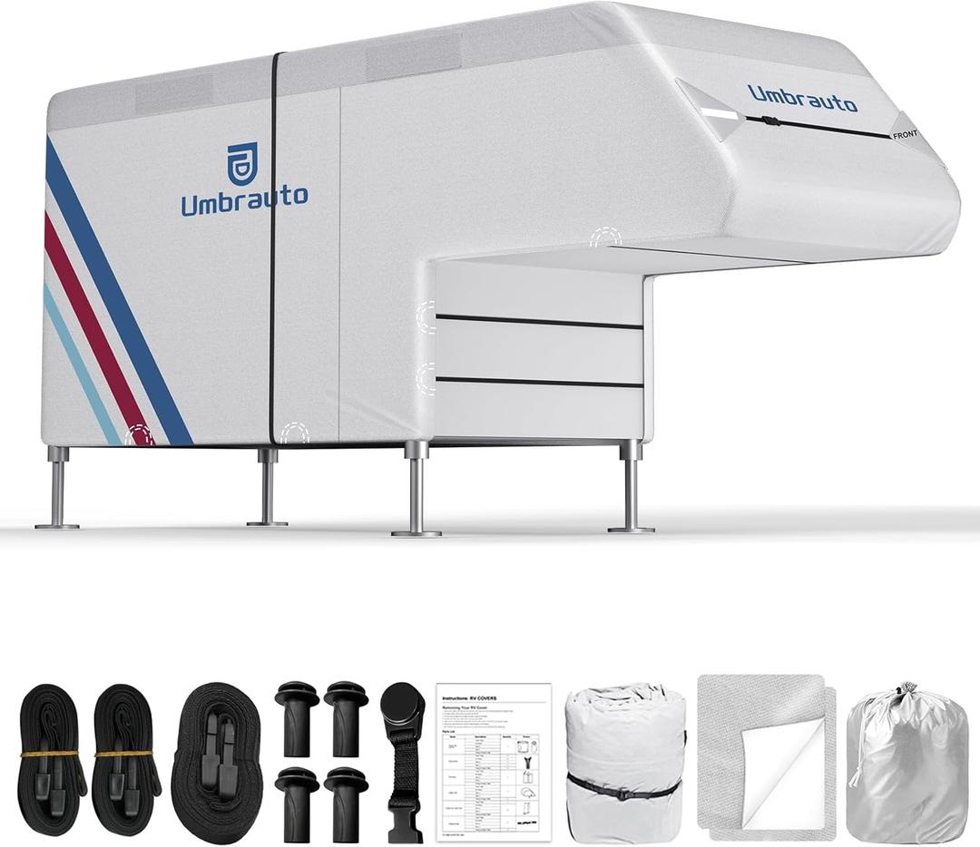 Truck Camper Cover for 810FT Slide-in Campers  300D Oxford Waterproof RV Cover, Silver-Coated, All-Weather Protection with Windproof Straps & Air Vents