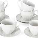 3 oz Espresso Cups Set of 6, Bone China Small Espresso Coffee Cups & Saucers Set, Handcraft Floral Embossing Ceramic Demitasse Mugs Mini Barista Cups for Latte Mocha Farmhouse Housewarming Gift, White
