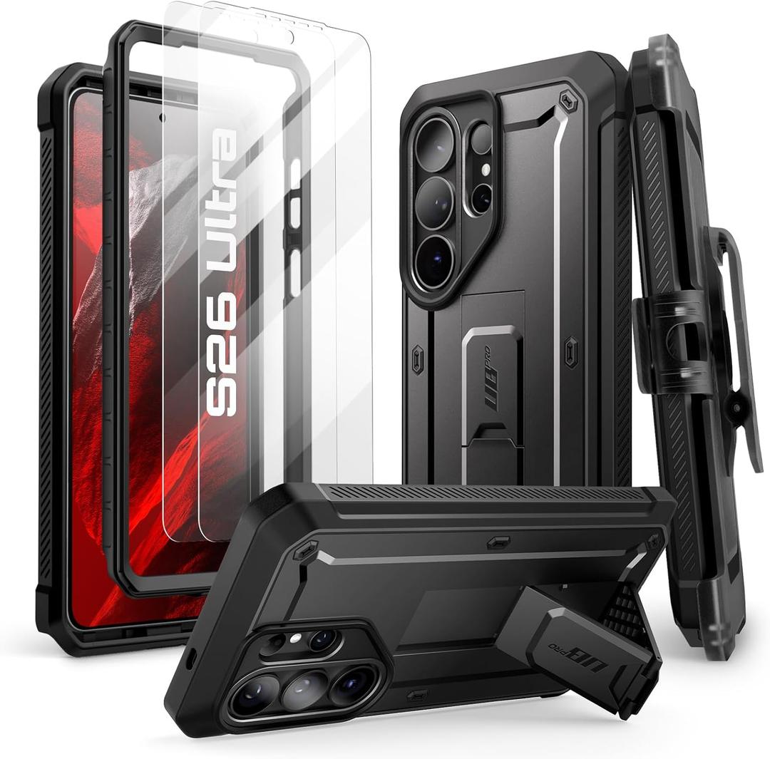 SUPCASE for Samsung Galaxy S26 Ultra Case with Stand & Belt-Clip (Unicorn Beetle Pro), [2 Tempered Glass Screen Protectors & Front Frame] Military-Grade Protective Phone Case for S26 Ultra, Black