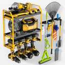Power Tool Organizer Wall Mount with Broom Holder Combo, Yellow & Black 3-Tier Garage Storage Rack with Battery Storage, 4 Drill Holder Slots, Heavy Duty Steel 150LB Capacity