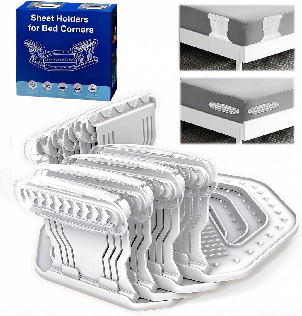 Bed Sheet Holders Keep Sheets Firm & Tight, Upgraded Bed Sheet Fasteners Easy No-Lift Installation, 4Pcs Bed Sheet Grippers Dual-Side Lock, Fitted Sheet Clips for Bedding, Sheet Keepers (White)