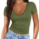 Imily Bela Womens Sexy V Neck T Shirts Summer Lace Short Sleeve Slim Fit Y2k Going Out Crop Tops (Green, XL)