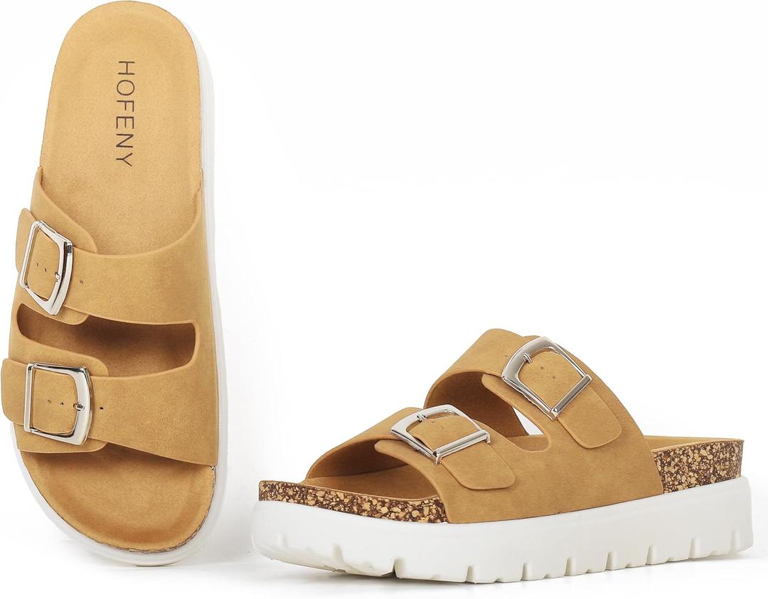 Women Platform Sandals, Arch Support Slides with Adjustable Buckle Straps, Open-Toe Wedge Chunky Sandals for Summer Size 5-10 (7, Brown)