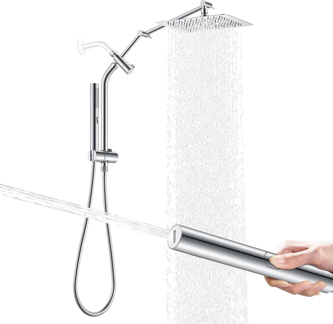 KENES 10 Inch All Metal Rain Shower Head with Handheld Spray Combo, High Pressure Rainfall Shower Head wih Adjustable Extension Arm, Dual Showerhead Set with 60" Shower Hose, Chrome, Silver LJ-6060-5