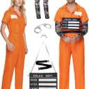 Prisoner Costume - Orange Jumpsuit for Men Woman- Halloween Prison Inmate Uniform, Unisex Jail Criminal Outfit, XL
