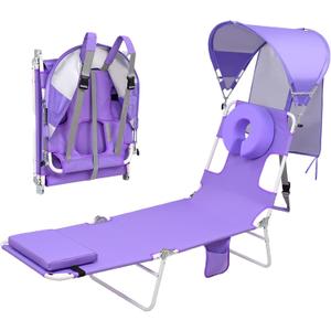 Backpack Beach Tanning Lounge Chair with Canopy Shade Face Hole Padded Adjustable Washable, 6 Position Layout Chair for Outside Sunbathing Poolside Lawn, UPF 50+ Wind-Resistant Sun Shade, Patented, Purple