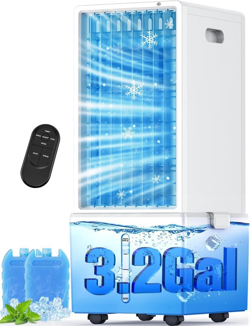 4-IN-1 Windowless Portable Air Conditioner w/ 4 Speeds & 4 Modes, 3.2-Gal Dual Tank for 24H Cooling, Waterless Alert System, 12H Timer, Remote & Touch, Swamp Cooler Air Conditioner for Bedroom