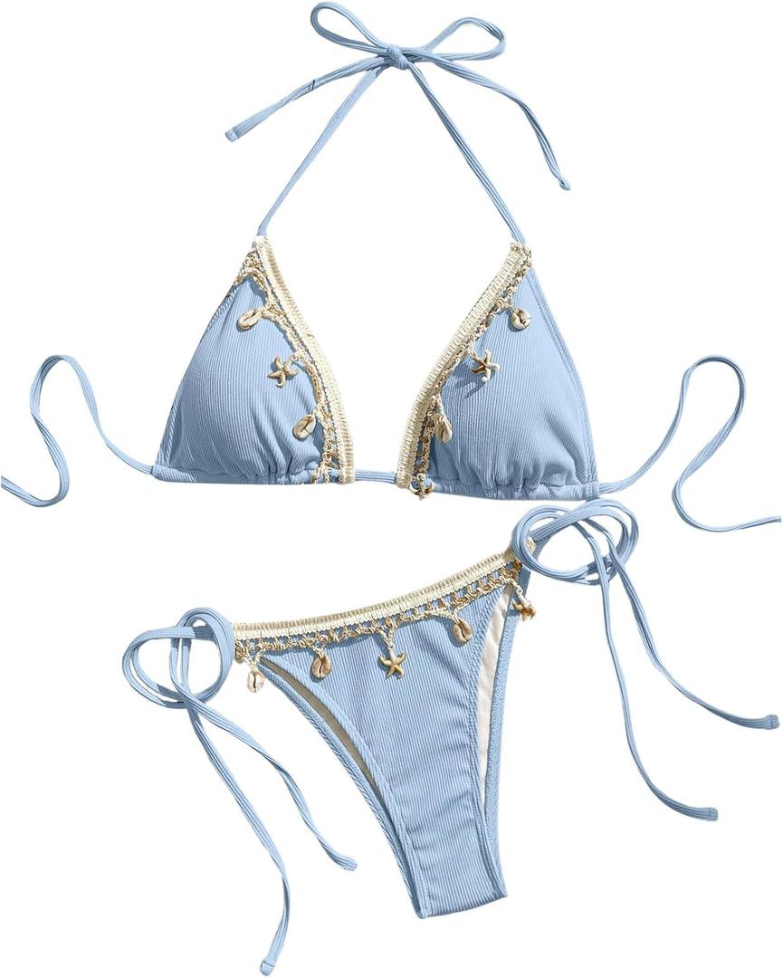 Verdusa Women's 2 Piece Sexy Halter Triangle Bikinis Thong Tie Boho Seashell Bikini Sets Swimsuits Swim Bathing Suit (M)