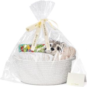CHICVITA Small Basket for Gifts, Easter Basket White Empty Gift Baskets with Bags & Ribbons Durable Rope Storage Baskets for Kids, 12"x 8"x 5"