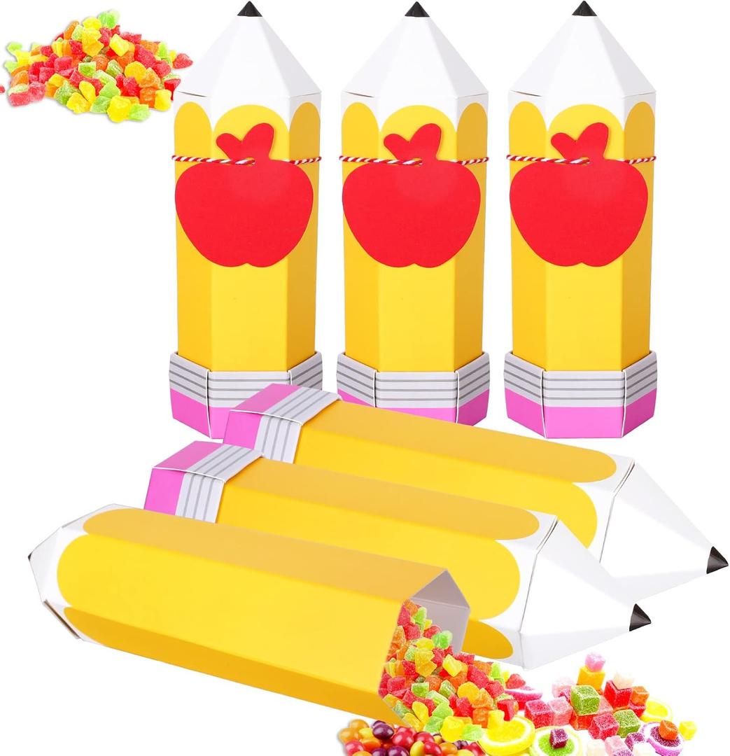 Whaline 20Pcs Back to School Pencil Treat Boxes with Apples Shape Tags and Rope Pencil Candy Box Thanks Teacher Gift Bags Paper Gift Container for Birthday Party Graduation Back to School Party Dcor