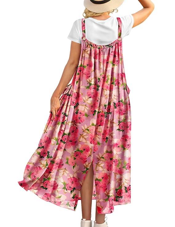 YESNO Casual Maxi Overalls Dress for Women 2026 Boho Floral Outfits Back Slit Jumper Dresses with Adjustable Straps S EP6 CR477 (S)