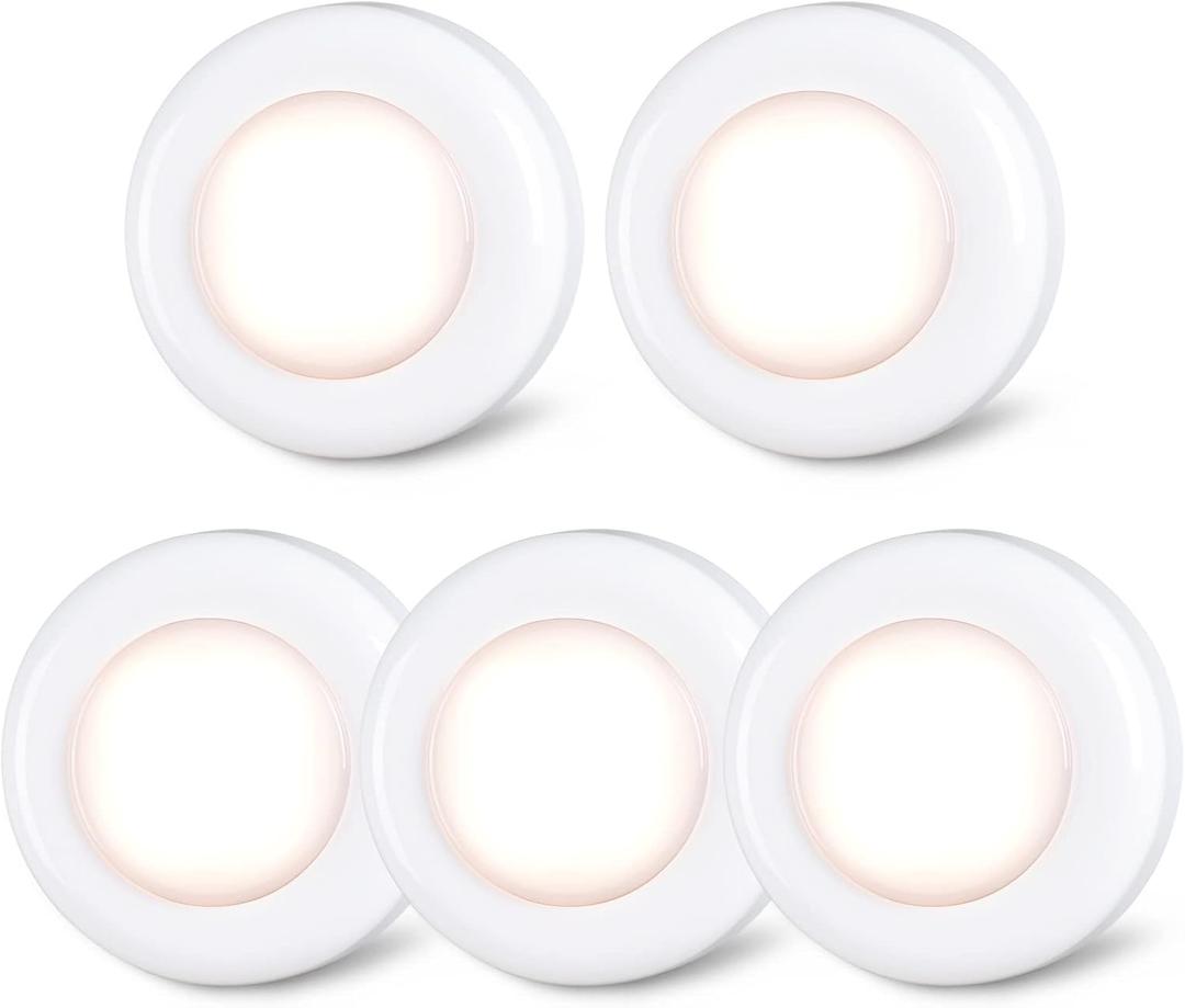 STAR-SPANGLED Push Tap Light, 2.8 Mini Night Touch LED Puck Lamp, Portable Under Cabinet Lighting AAA Battery Operated Powered, DIY Stick On Lights for Closet, Counter, Kitchen, Warm White, 5 Pack