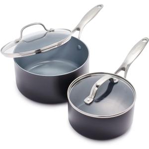 GreenPan Valencia Pro Ceramic Nonstick 1.66QT & 3.3QT Saucepan Pots with Lids Set, Hard Anodized PFAS-Free Cookware, Induction Ready & All Cooktops, Soup & Sauce, Dishwasher & Oven Safe to 600F, Gray (5 Quarts)