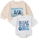 KOLNAMDINH 2PCS Baby Girl Boy Halfway to One Birthday Rompers – 1/2 Way to One Bodysuit Outfit, Cute Sweatshirt Set, 6-12M