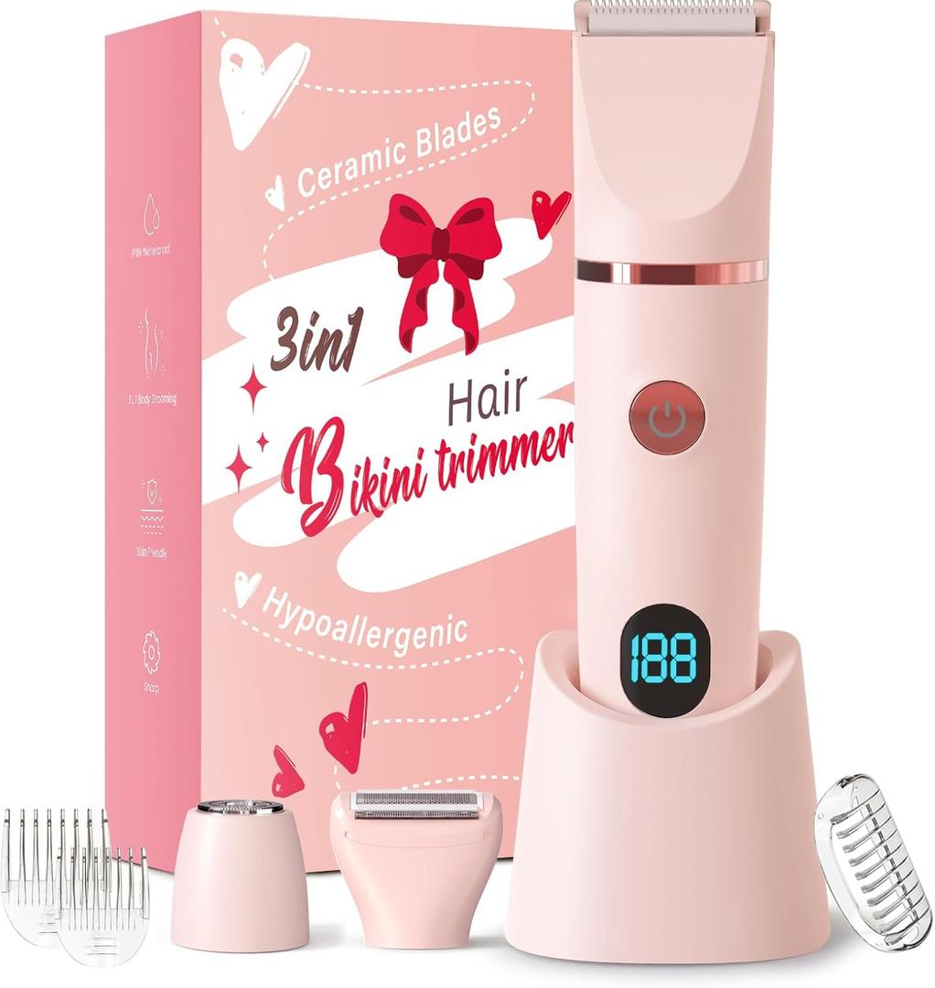 Bikini Trimmer for Women, 3 in 1 Hypoallergenic Painless Ceramic Blade Electric Face Razors for Shaving, Facial Pubic Hair Removal Shaver for Shower Use Summer Essentials (Light Red)