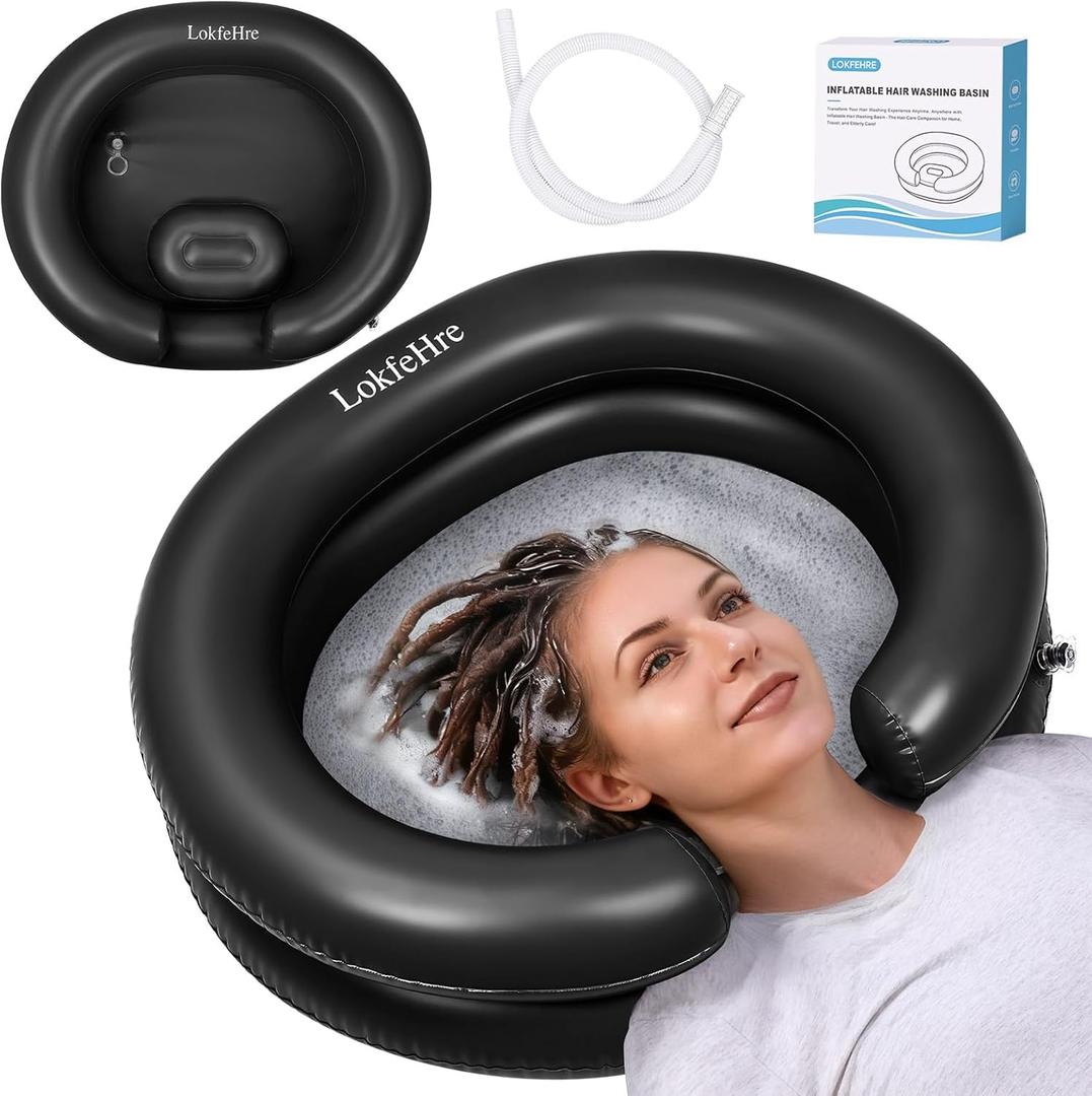 Black Inflatable Shampoo Basin, Stain Resistant Ergonomic Neck Support Hair Washing Bowl for Bedridden Elderly Disabled, Portable Leakproof PVC Sink with Drain Hose for Home Care Locs Detox