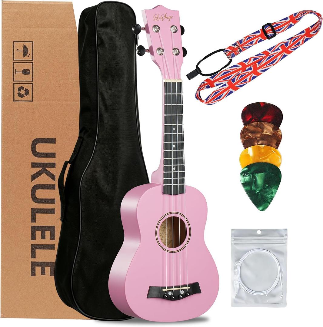LeSage Soprano Ukulele Starter Kit, 21 Inch Basswood Hawaiian Uke with Gig Bag, Strap, Nylon Strings, Picks, Beginner Student Adult Musical Gift (Pink)