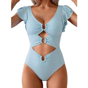 B2prity Women One Piece Swimsuit Tummy Control Ruffle Sleeve V Neck Bathing Suit Cutout Sexy High Waisted Monokini 2XL