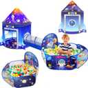 3 in 1 Rocket Ship Play Tent with Tunnel Ball Pit for Kids Space Themed Pop Up Playhouse Indoor Outdoor Astronaut Tent Set Toy Gift for Boys Girls Toddler Baby Child Games Birthday Party