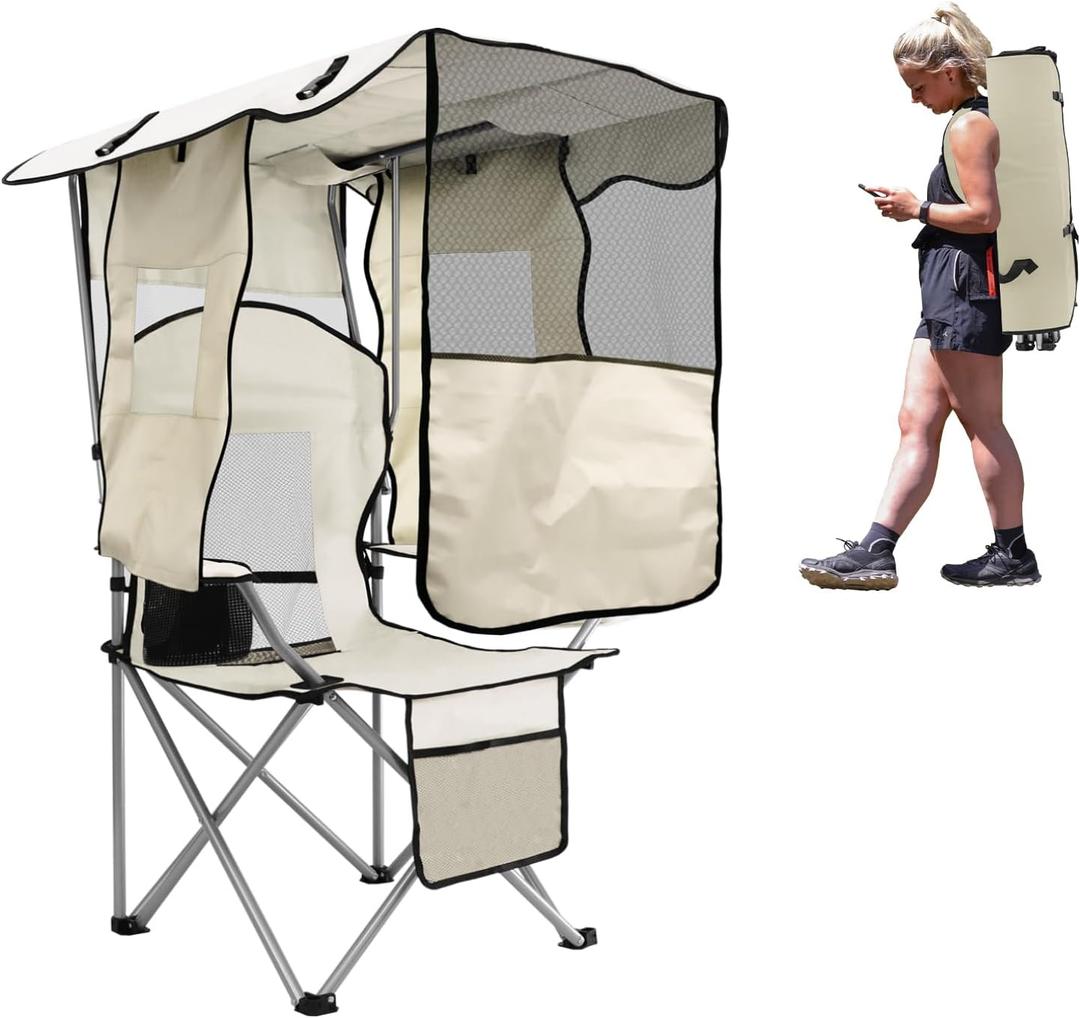 BESTHLS Portable Folding Camping Beach Chair with Canopy Shade Adult White