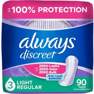 Always Discreet Adult Incontinence Pads for Women, Drier, 3 Drop Regular Length, Light Absorbency, Pads for Bladder Control Management, Bladder Leaks, & Postpartum Pads, 90ct