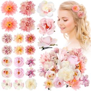 BBTO 21 Pcs Flower Hair Clip Rose Hair Clips Barrettes for Women Flower Accessories Boho Bride Claw Clip Hairpin Brooch Pin Headpiece for Wedding (Pink,White)