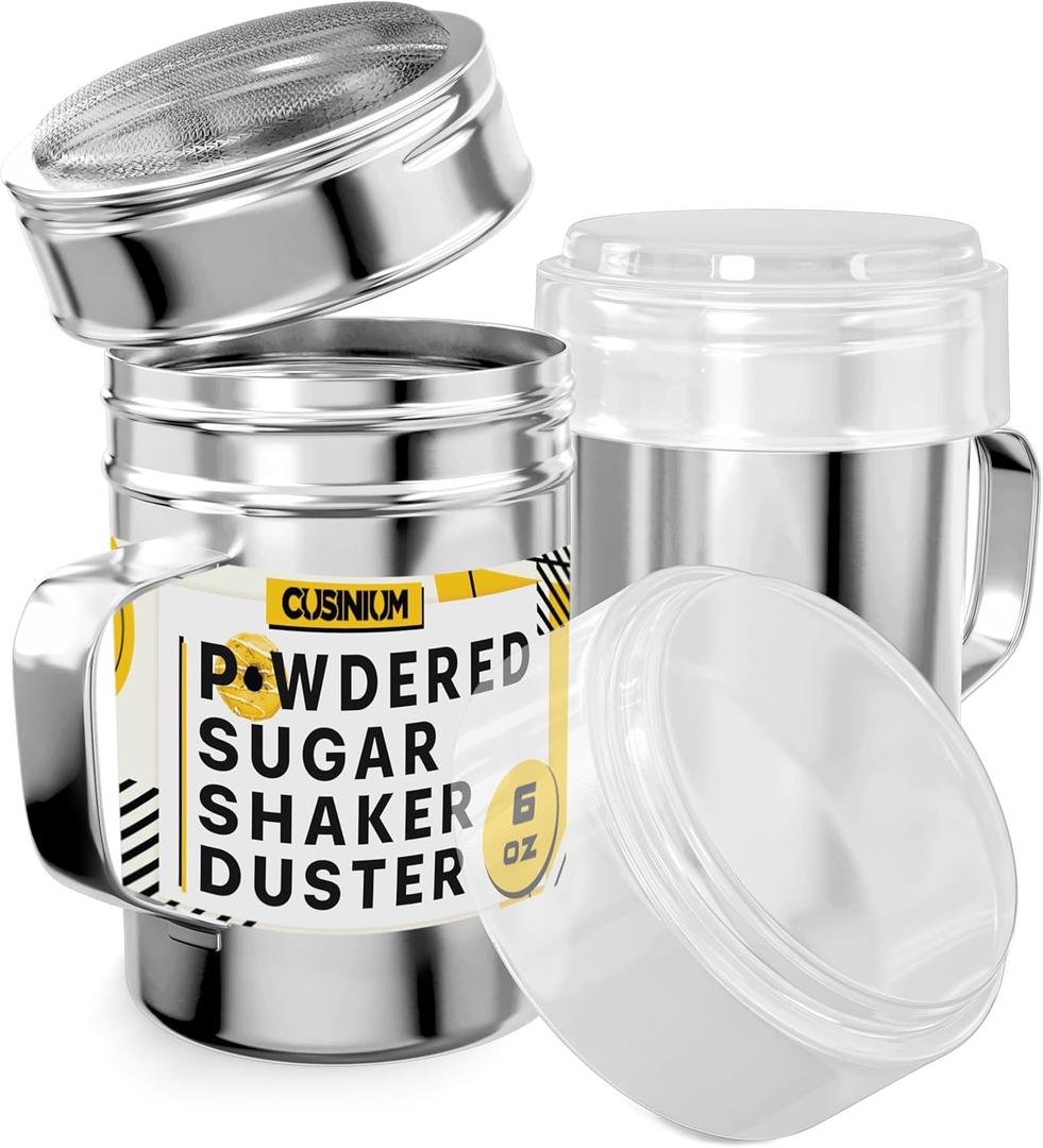 CUSINIUM 6 Ounce Mini Powder Sugar Shaker With Handle - Fine Mesh - With Plastic Cap - Pack of 2 (Silver)