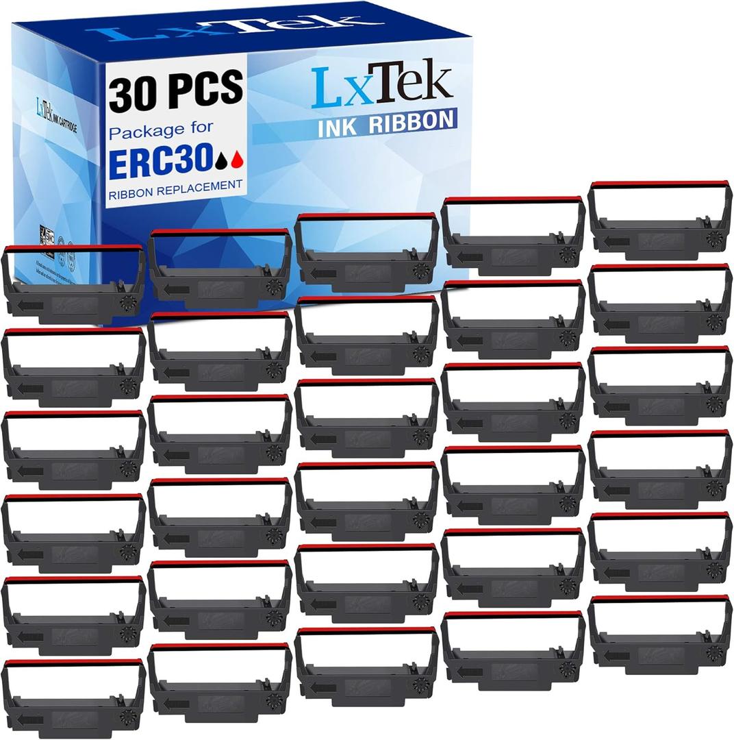 LxTek 30 Pack Compatible ERC30 Ribbon Replacement for ERC-30, ERC 30 34 38 B/R Used with Epson ERC30 ERC34 ERC38 NK506 Printer (Black and Red) Tray
